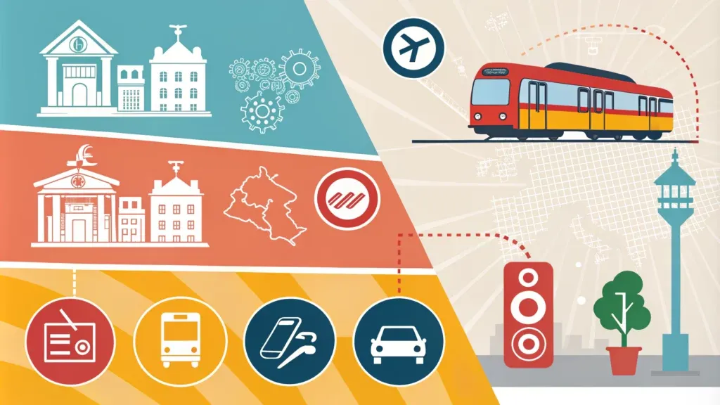 Almanya'da Toplu Taşıma'daki ulaşım ve şehir altyapısını gösteren, tren, havaalanı, binalar, vitesler, sokak haritası ve radyo, otobüs, otopark ve araba ikonlarını içeren illüstrasyon.
