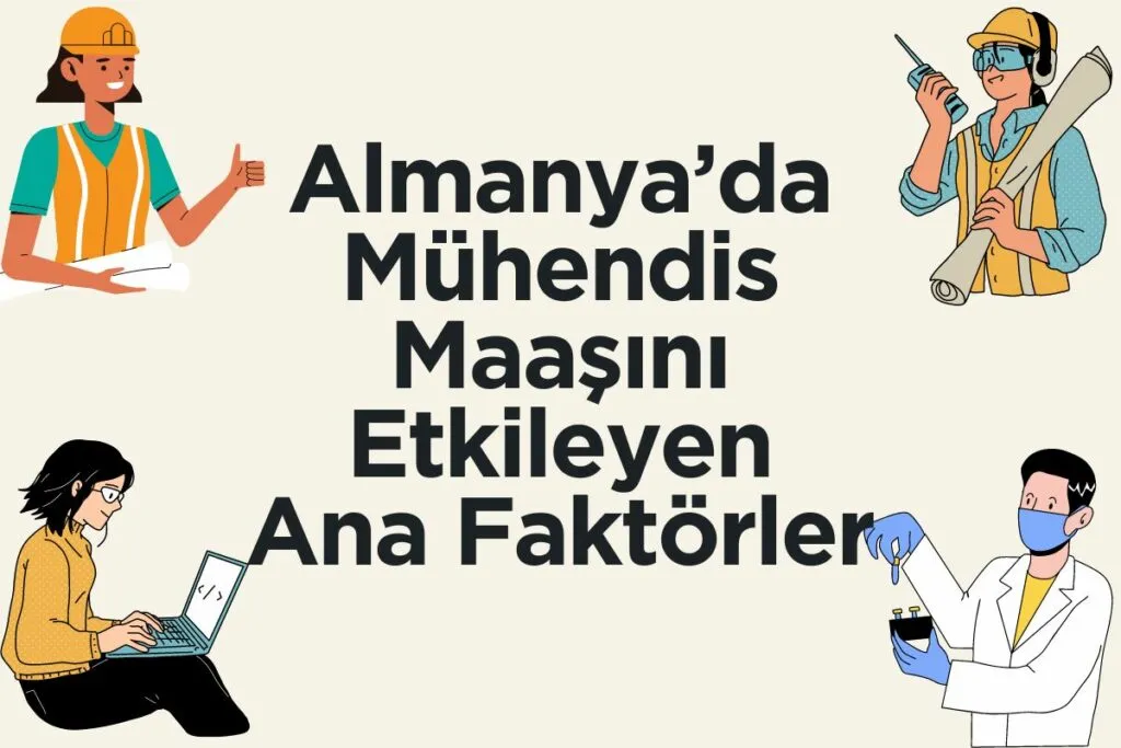 Çeşitli mühendisleri ve bir bilim adamını gösteren illüstrasyon: biri dizüstü bilgisayar kullanıyor, diğeri planları var ve biri kimyasal deney yapıyor; 2024 için Almanya'da mühendislik maaşlarını etkileyen faktörlerle ilgili metin.