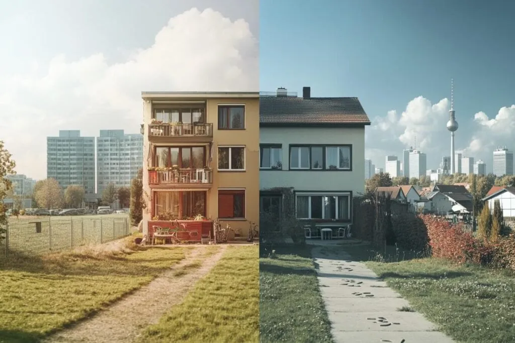 İki kentsel konut alanını karşılaştıran bölünmüş ekranlı görüntü: Solda Almanya'ya özgü güneşli bir apartman binası manzarası, sağda ise bulutlu bir gökyüzü altında farklı bir apartman binası görülüyor.