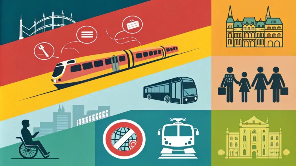 Ulaşım modlarını ve ilgili kavramları tasvir eden infografik: tren, otobüs, tramvay, aile, iş, erişilebilirlik ve çeşitli binalar. Kapsamlı kentsel bağlantı için Şehiriçi Ulaşım ve Toplu Taşıma'yı vurgulayarak hareketlilik ve altyapı temalarını gösterir.